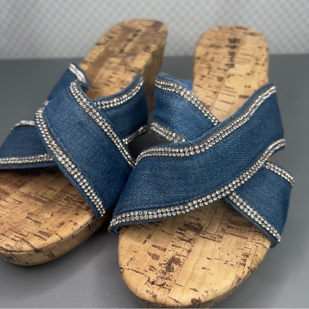 Sasha London Hand Made Blue Denim Bedazzled Wedge Cork Heels Size 8‎